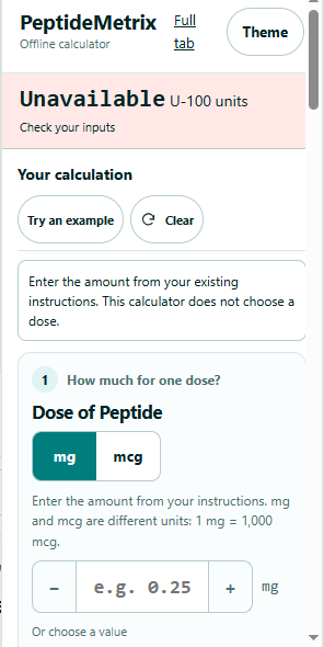 PeptideMetrix Chrome extension popup before calculation values are entered