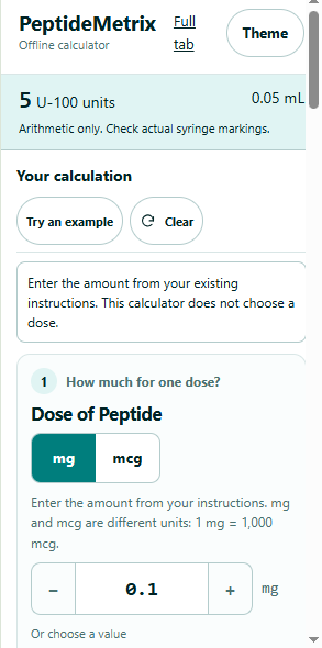 PeptideMetrix Chrome extension popup showing a calculation example